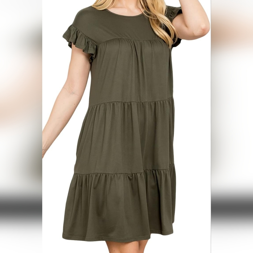 Perfect Peach Green Tiered Midi Ruffle Sleeve Dress Size 2x